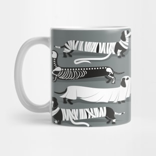 Spooktacular long dachshunds // spot // green grey background mummy ghost and skeleton dogs Mug